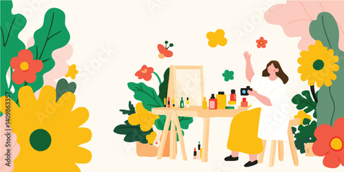 A vibrant scene unfolds as a young woman, enveloped in a cozy atmosphere, creates content in her home studio, a camera captures every moment of her creative process.