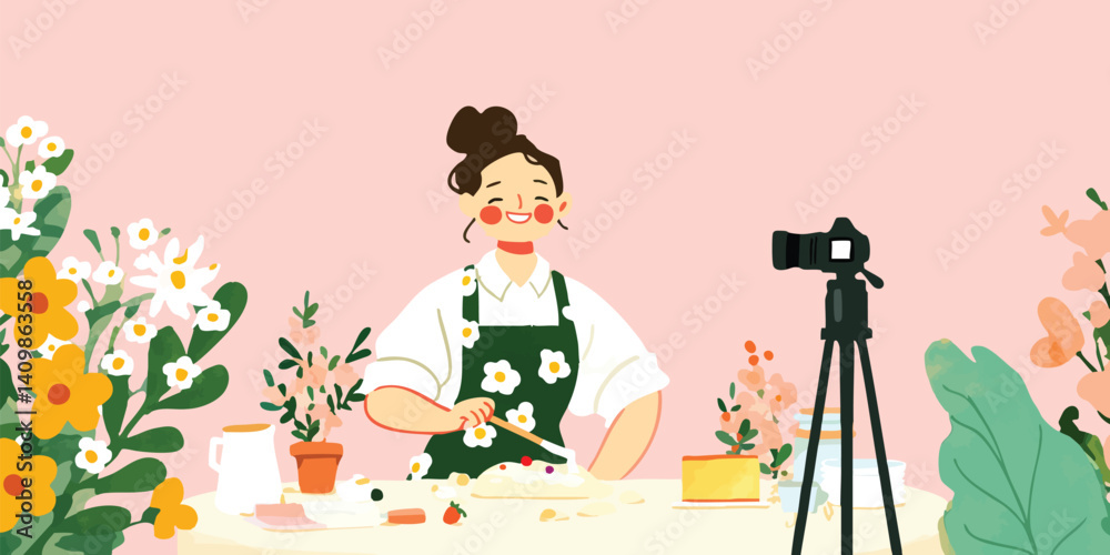 Obraz premium A vibrant scene unfolds as a young woman, enveloped in a cozy atmosphere, creates content in her home studio, a camera captures every moment of her creative process.