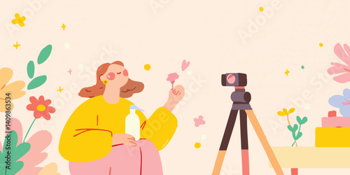 A vibrant scene unfolds as a young woman, enveloped in a cozy atmosphere, creates content in her home studio, a camera captures every moment of her creative process.