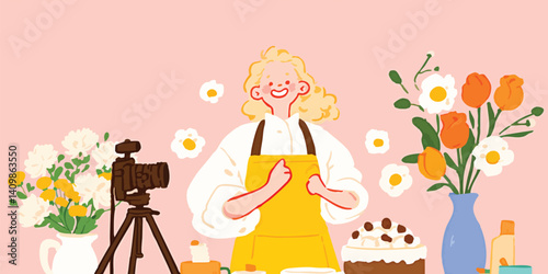 A vibrant scene unfolds as a young woman, enveloped in a cozy atmosphere, creates content in her home studio, a camera captures every moment of her creative process.