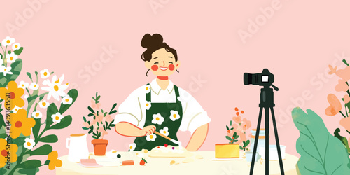 A vibrant scene unfolds as a young woman, enveloped in a cozy atmosphere, creates content in her home studio, a camera captures every moment of her creative process.