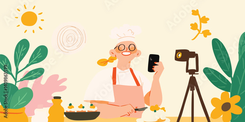 A vibrant scene unfolds as a young woman, enveloped in a cozy atmosphere, creates content in her home studio, a camera captures every moment of her creative process.