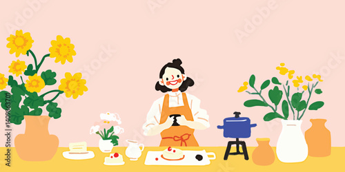 A vibrant scene unfolds as a young woman, enveloped in a cozy atmosphere, creates content in her home studio, a camera captures every moment of her creative process.