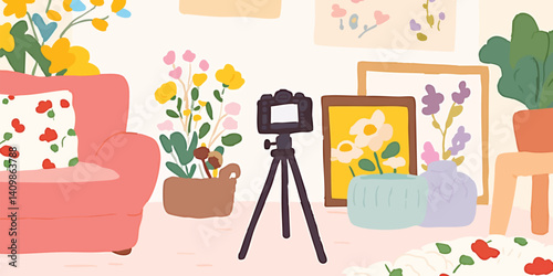 A vibrant scene unfolds as a young woman, enveloped in a cozy atmosphere, creates content in her home studio, a camera captures every moment of her creative process.