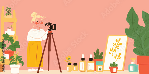 A vibrant scene unfolds as a young woman, enveloped in a cozy atmosphere, creates content in her home studio, a camera captures every moment of her creative process.