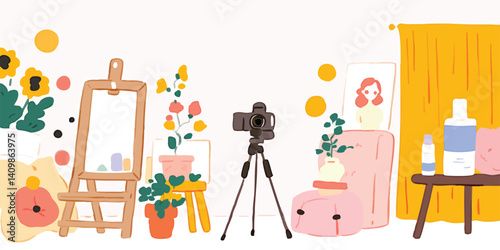 A vibrant scene unfolds as a young woman, enveloped in a cozy atmosphere, creates content in her home studio, a camera captures every moment of her creative process.