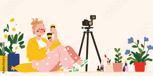 A vibrant scene unfolds as a young woman, enveloped in a cozy atmosphere, creates content in her home studio, a camera captures every moment of her creative process.