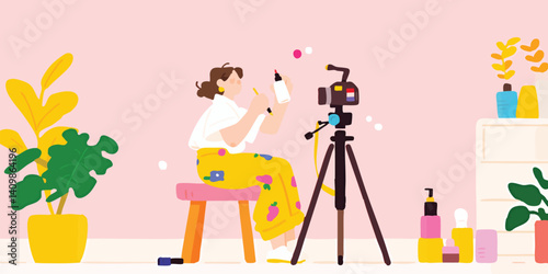 A vibrant scene unfolds as a young woman, enveloped in a cozy atmosphere, creates content in her home studio, a camera captures every moment of her creative process.