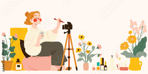 A vibrant scene unfolds as a young woman, enveloped in a cozy atmosphere, creates content in her home studio, a camera captures every moment of her creative process.