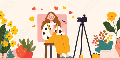 A vibrant scene unfolds as a young woman, enveloped in a cozy atmosphere, creates content in her home studio, a camera captures every moment of her creative process.