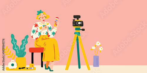 A vibrant scene unfolds as a young woman, enveloped in a cozy atmosphere, creates content in her home studio, a camera captures every moment of her creative process.