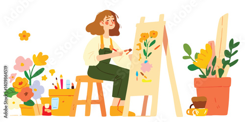 A vibrant scene unfolds as a young woman, enveloped in a cozy atmosphere, creates content in her home studio, a camera captures every moment of her creative process.
