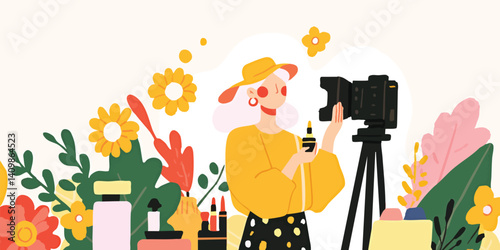 A vibrant scene unfolds as a young woman, enveloped in a cozy atmosphere, creates content in her home studio, a camera captures every moment of her creative process.