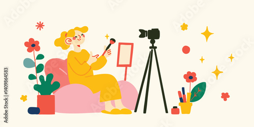 A vibrant scene unfolds as a young woman, enveloped in a cozy atmosphere, creates content in her home studio, a camera captures every moment of her creative process.