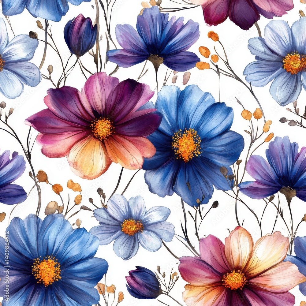 Fototapeta premium Watercolor Blue Purple Orange Cosmos Flower Seamless Pattern