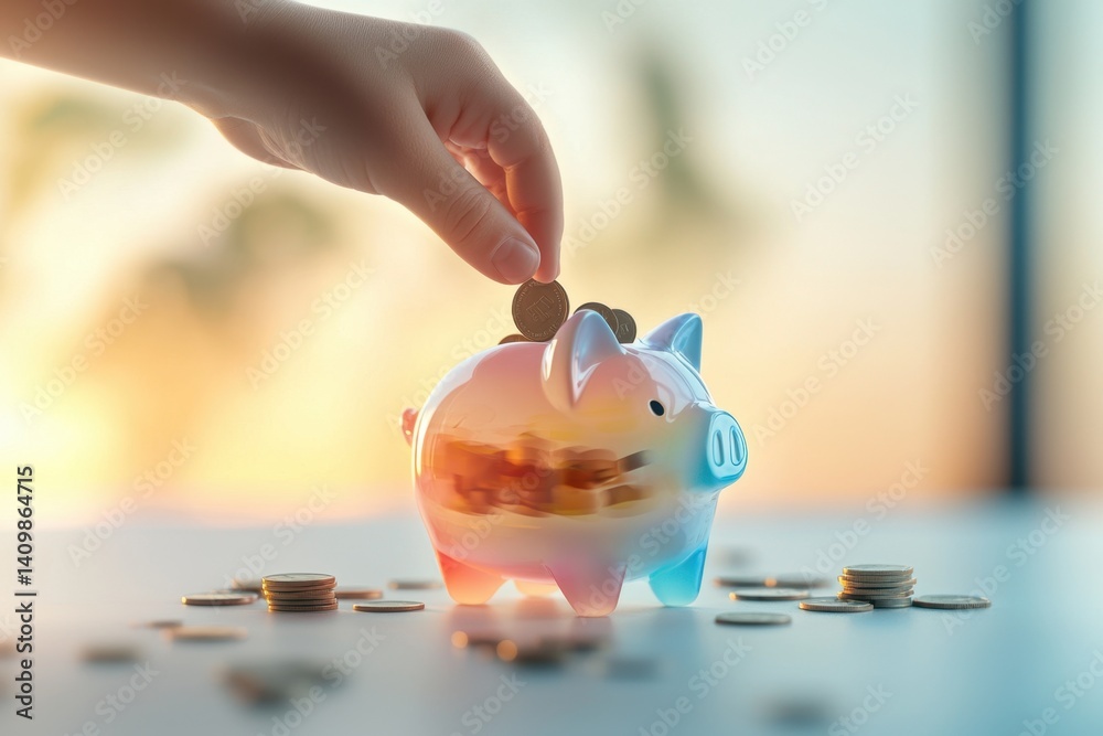 Child's hand dropping coins into colorful piggy banks on a table indoor setting inspirational moment captured financial literacy concept