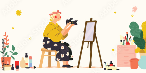 A vibrant scene unfolds as a young woman, enveloped in a cozy atmosphere, creates content in her home studio, a camera captures every moment of her creative process.
