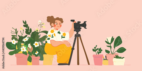 A vibrant scene unfolds as a young woman, enveloped in a cozy atmosphere, creates content in her home studio, a camera captures every moment of her creative process.