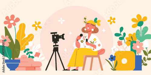 A vibrant scene unfolds as a young woman, enveloped in a cozy atmosphere, creates content in her home studio, a camera captures every moment of her creative process.