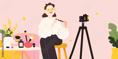 A vibrant scene unfolds as a young woman, enveloped in a cozy atmosphere, creates content in her home studio, a camera captures every moment of her creative process.