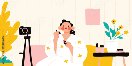 A vibrant scene unfolds as a young woman, enveloped in a cozy atmosphere, creates content in her home studio, a camera captures every moment of her creative process.