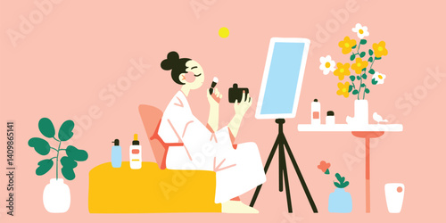 A vibrant scene unfolds as a young woman, enveloped in a cozy atmosphere, creates content in her home studio, a camera captures every moment of her creative process.