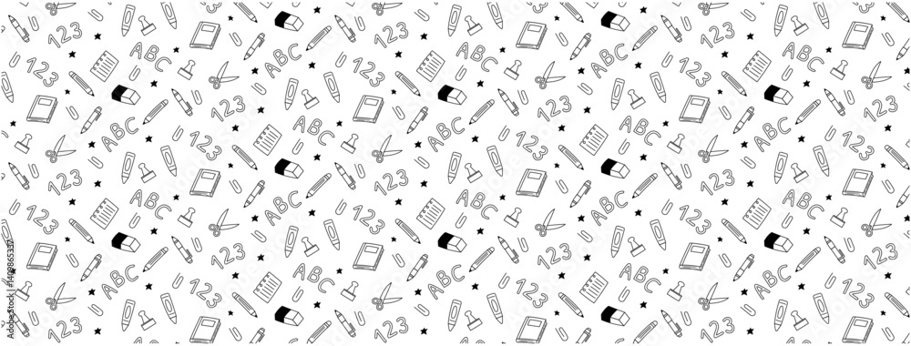 elementary school stationary icon doodle hand drawing seamless pattern monochrome