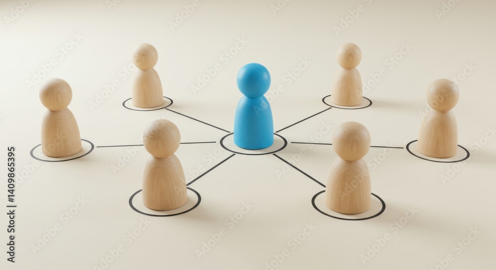 Wooden figures connected by lines one blue figure representing leadership or network. Wooden figures connected by lines one blue figure representing leadership or network.