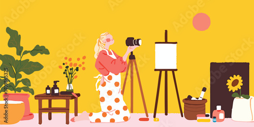 A vibrant scene unfolds as a young woman, enveloped in a cozy atmosphere, creates content in her home studio, a camera captures every moment of her creative process.