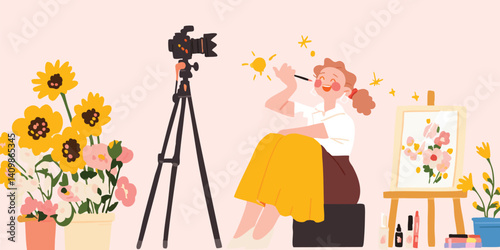 A vibrant scene unfolds as a young woman, enveloped in a cozy atmosphere, creates content in her home studio, a camera captures every moment of her creative process.