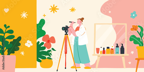 A vibrant scene unfolds as a young woman, enveloped in a cozy atmosphere, creates content in her home studio, a camera captures every moment of her creative process.