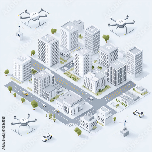 Isometric illustration of smart city with drones, minimalist style in muted tones, future urban technology