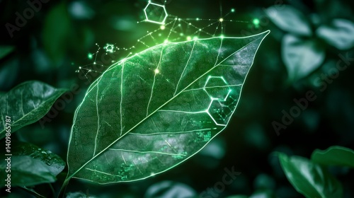 Digital Concept of Green Leaf with Scientific Elements and Glow
