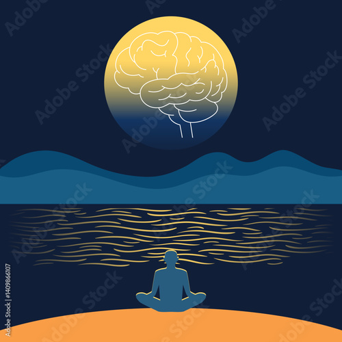 illustration on the theme of a human brain, mind, meditation, thinking, reflecting, biohacking