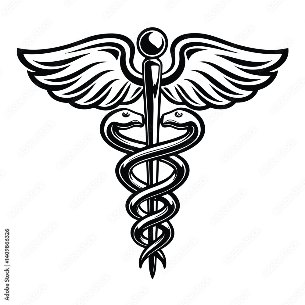 Caduceus Black Icon with Snakes and Wings. Isolated Medical Symbol on White Background Caduceus Black Icon with Snakes and Wings. Isolated Medical Symbol on White Background