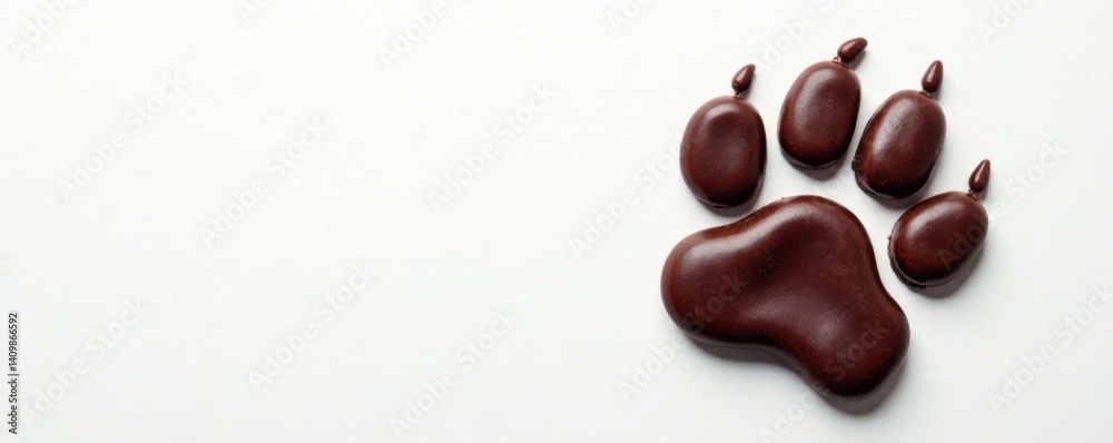 Fototapeta premium Dark chocolate brown paw print on soft white background , pet print, fur