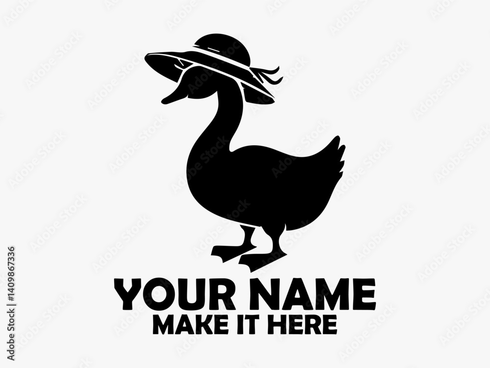 Fototapeta premium Duck isolated clip art design. White background, bird duck vector. Simple black silhouette illustration of a cute cartoon duck wearing a striped hat on a transparent background, logo duck cute