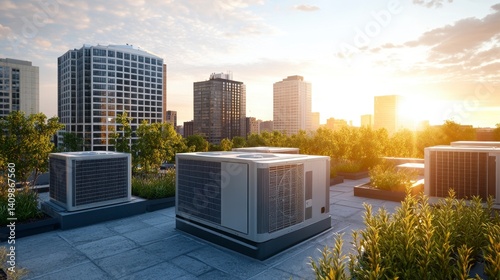 Rooftop Air Conditioning Units Against Modern City Skyline at Sunset