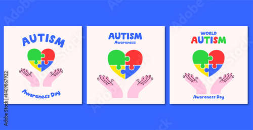 Autism Heart Bundle Set for Social Media Template. Autism Awareness in Color Social Media Template. World Autism Awareness Day Social Media Template.