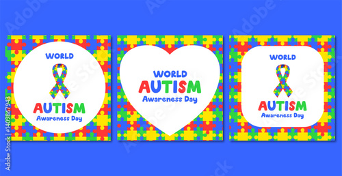 Autism Heart Bundle Set for Social Media Template. Autism Awareness in Color Social Media Template. World Autism Awareness Day Social Media Template.