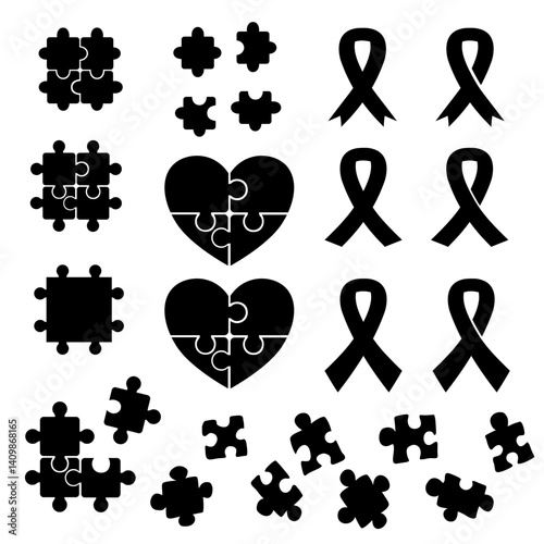 Autism Heart Puzzle Bundle Set in Black Silhouette. Puzzle in black. Puzzle Heart Shape in Black.
