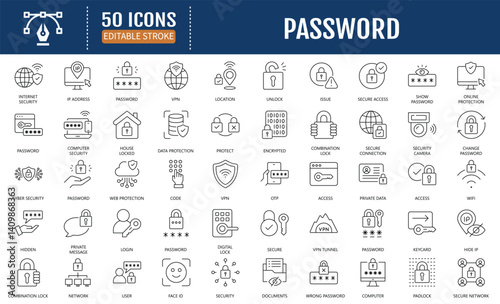 Password line icon set. Containing login, access, secure, passcode, encryption, code and more. Vector Illustration
