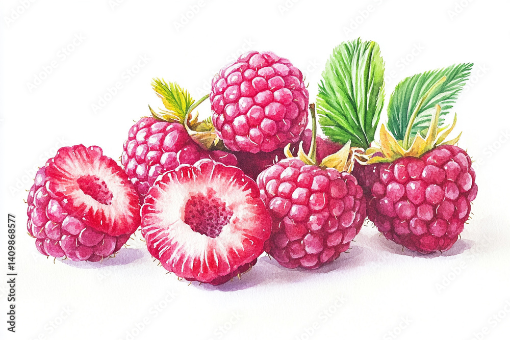 Watercolor raspberry some cut in half a white background Watercolor raspberry some cut in half a white background