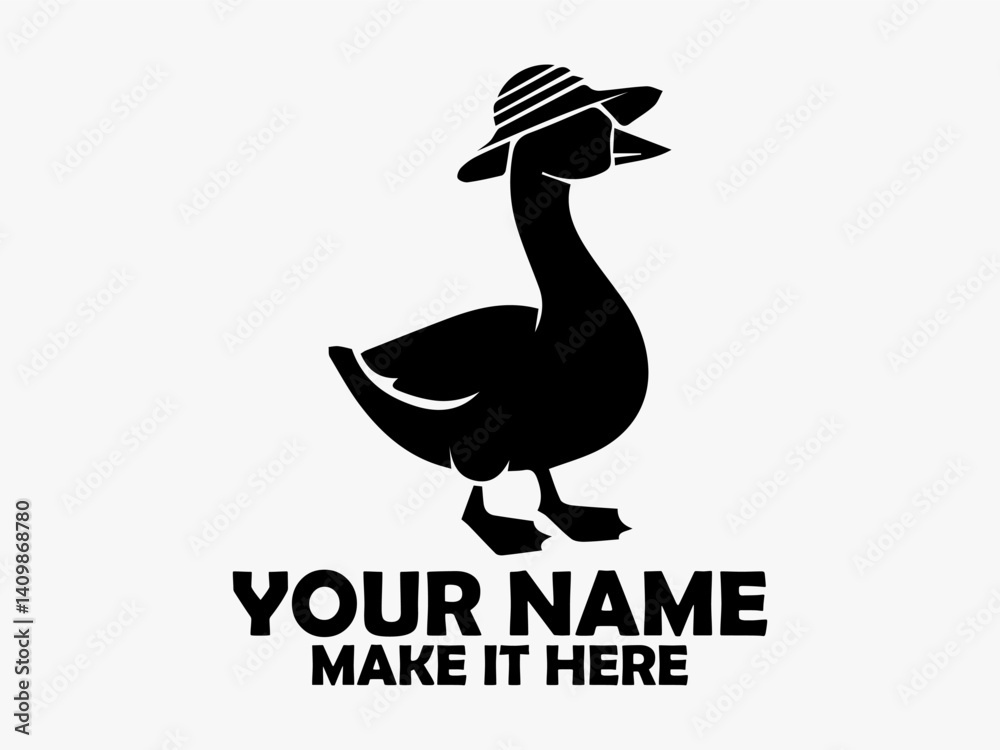 Obraz premium Duck isolated clip art design. White background, bird duck vector. Simple black silhouette illustration of a cute cartoon duck wearing a striped hat on a transparent background, logo duck cute
