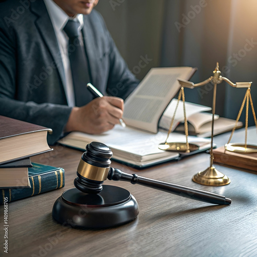 midsection of lawyer sitting by book and gavel on