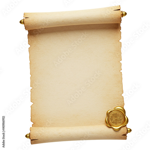 Realistic open parchment scroll with gold wax seal isolated isolated on white background