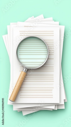 A magnifying glass is placed over a stack of papers, emphasizing scrutiny and detail against a soft mint background.
