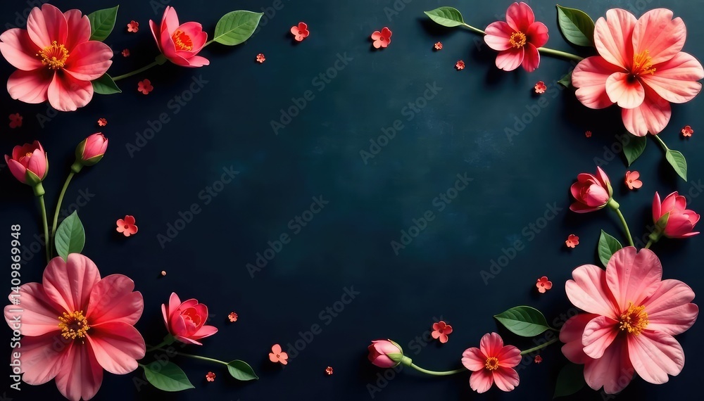 Fototapeta premium Scattered, stylized blossoms in muted tones on dark backdrop, flowers, graphic, art