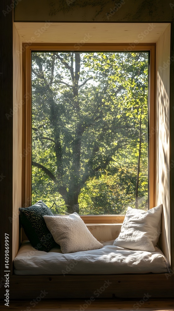 Fototapeta premium Relaxing window nook with cushions and natural light
