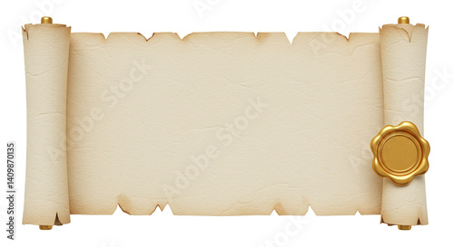Realistic open parchment scroll with gold wax seal isolated isolated on white background